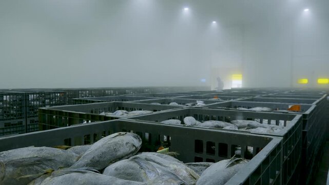 Wide View of Cold Storage Warehouse with Worker Amid Rows of Tuna Crates
