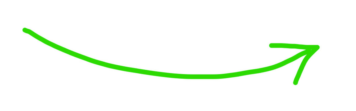 Thin green arch curved arrow pointer on white background