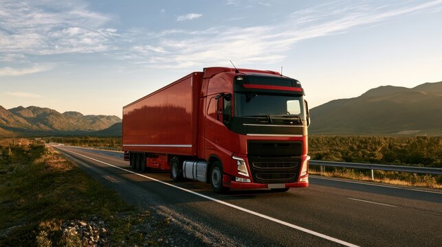 Red cargo truck on highway at sunset transporting goods through mountain landscape and open road