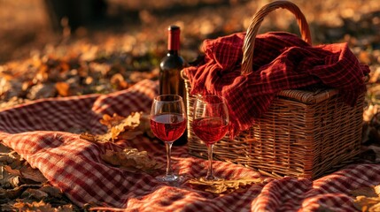 Obraz premium Autumn picnic with red wine, wicker basket and checkered blanket in golden sunset park