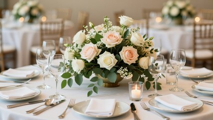 Fototapeta premium Elegant Wedding Table Setup with Floral Centerpiece
