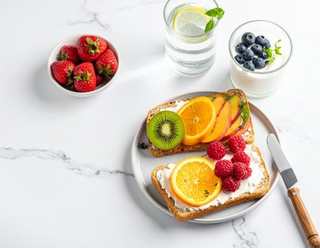 A healthy breakfast features whole wheat toast topped with yogurt and fresh fruit, served with berries and lemon water on a white marble table