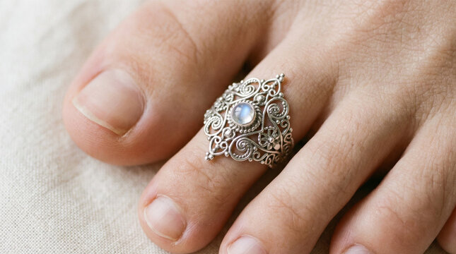 Intricate Silver Filigree Toe Ring Set With Moonstone Gemstone Close Up