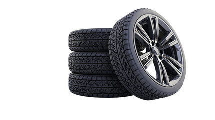 Stack of four car tires with one alloy wheel © Lyra