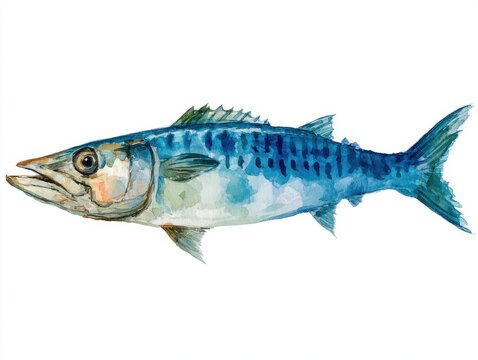 Watercolor Painting Of A Vibrant Blue Mackerel Fish Isolated On A Clean White Background