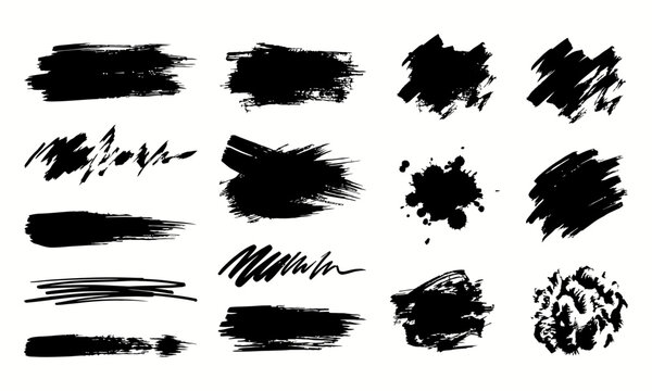 Set of black ink brush strokes and grunge textures