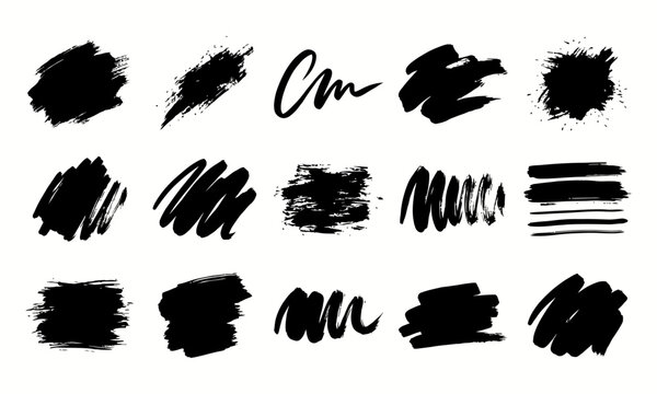 Set of black ink brush strokes and grunge textures