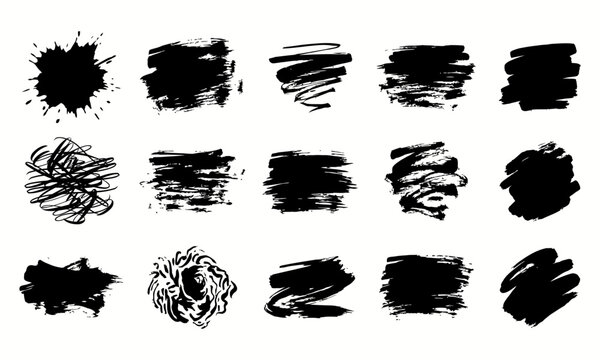 Set of black ink brush strokes and grunge textures