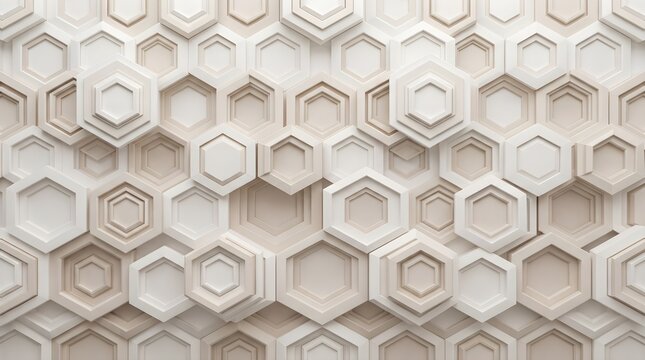 Layered beige 3D hexagonal honeycomb pattern creates a modern geometric background with strong depth, symmetry and texture. Minimal neutral design ideal for architecture, packaging and web headers.