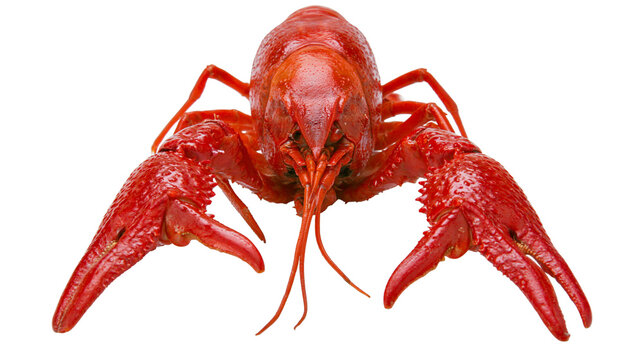 Red crawfish with large claws and antennae