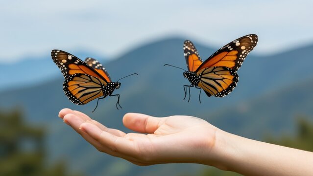 Close-up of a human hand releasing two vibrant monarch butterflies in a natural outdoor setting during daytime, emphasizing wildlife, nature, freedom, and conservation themes