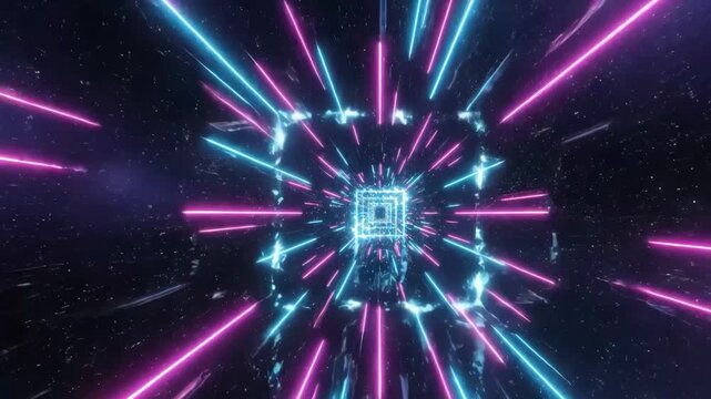 Neon blue and pink light rays emanating from a square