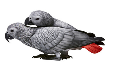 Two African Grey parrots one perched on the other, showing red tail feathers © Lyra