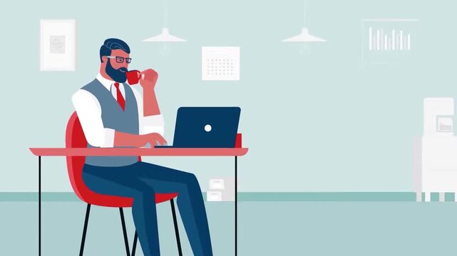 2D Animated Businessman Sitting at Desk Drinking Coffee and Working on Laptop Flat Vector Character Animation Footage