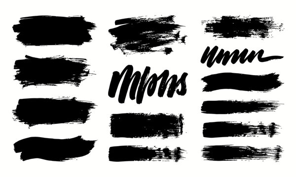 Set of black ink brush strokes and grunge textures