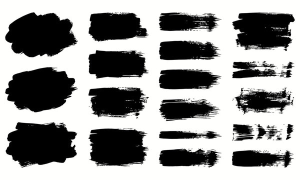 Set of black grunge brush strokes and ink splatters for design elements