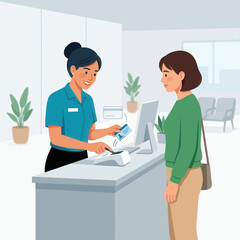 Fototapeta premium Customer pays with credit card at reception desk, flat vector illustration.