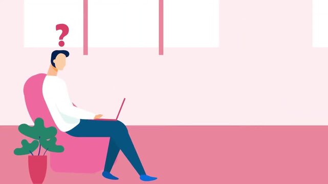 2D Animated Businessman Sitting in Armchair Confused with Question Mark Working on Laptop Flat Vector Character Animation Footage