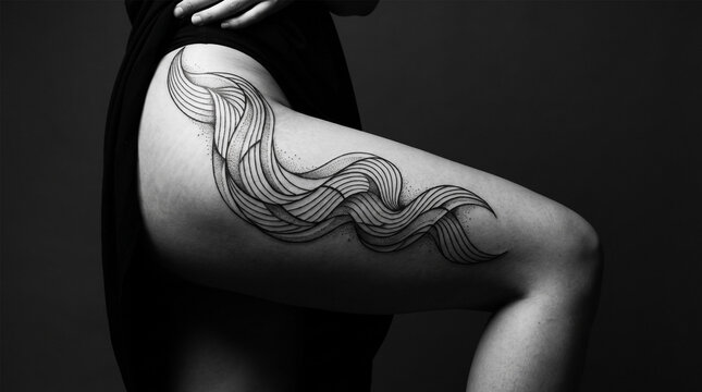 Monochrome Geometric Dotwork Wave Thigh Tattoo On Woman Leg Studio