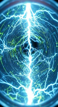 Intense blue electrical discharge within high-tech energy tunnel.
