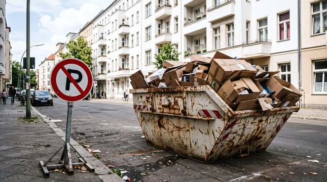 Large industrial dumpster overflowing with cardboard boxes on a city street next to a no parking sign.