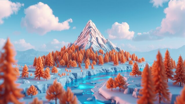Stylized landscape features mountain, forest, river. Soft colors, low poly aesthetic creates serene scene. Clouds add depth.