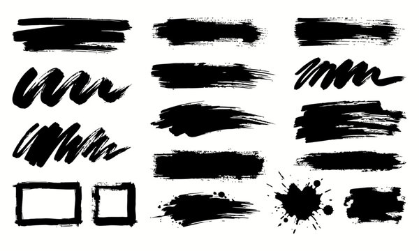 Set of black ink brush strokes and grunge shapes