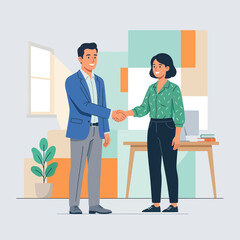 Fototapeta premium Business partners shaking hands in office with modern flat design and abstract background. Agreement and collaboration concept.