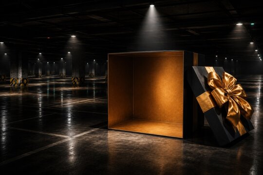 Mockup de fundo para apresenta&ccedil;&atilde;o de carros: Caixa de presente gigante vazia e aberta deitada em um estacionamento subterr&acirc;neo escuro com la&ccedil;o dourado