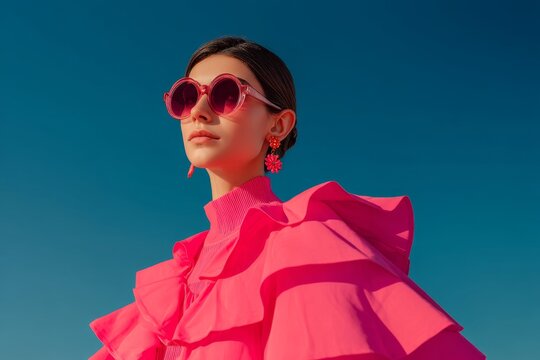 Bold fashion statement featuring a stylish woman in vibrant pink ruffled clothing and oversized sunglasses against a bright blue sky. Generative AI