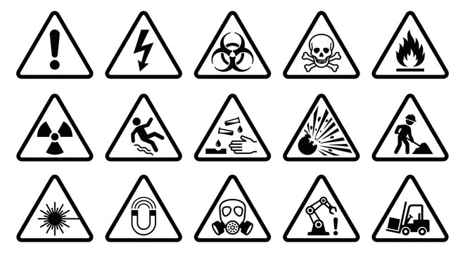 Set of warning hazard signs and safety symbols