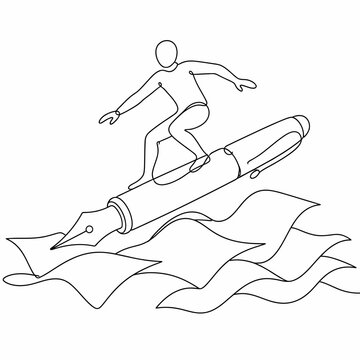 Continuous line drawing of a person surfing on a large fountain pen over wavy paper sheets. Minimalist black ink vector art representing creative writing and storytelling flow.