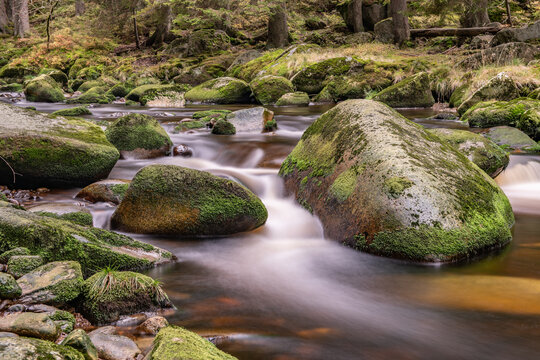 Small creek with silky water flowing past moss covered stones in a forest landscape outdoors woodland
