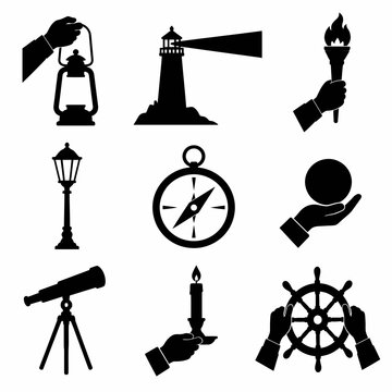 Collection of black silhouettes featuring navigation and light source icons: lighthouse, lantern, torch, street lamp, compass, crystal ball, telescope, candle, and ship steering wheel.