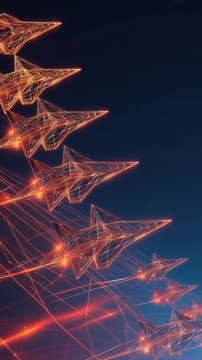 A squadron of futuristic fighter jets, rendered as glowing digital wireframes, streaks across the night sky. ..Created with Generative AI, not depicting real subjects.