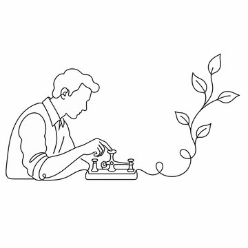 Continuous line drawing illustration of a man operating a vintage Morse code telegraph key with the signal wire transforming into a growing plant branch with leaves on white background.
