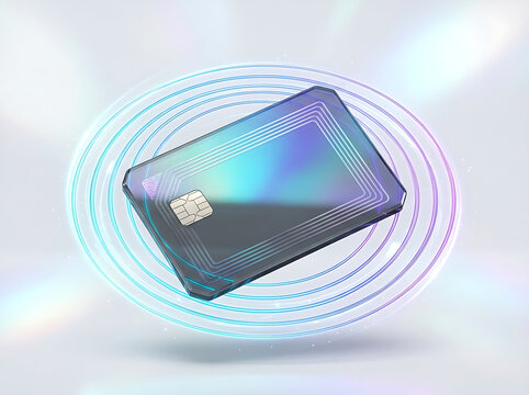 Futuristic iridescent credit card with glowing contactless signal for secure digital payments