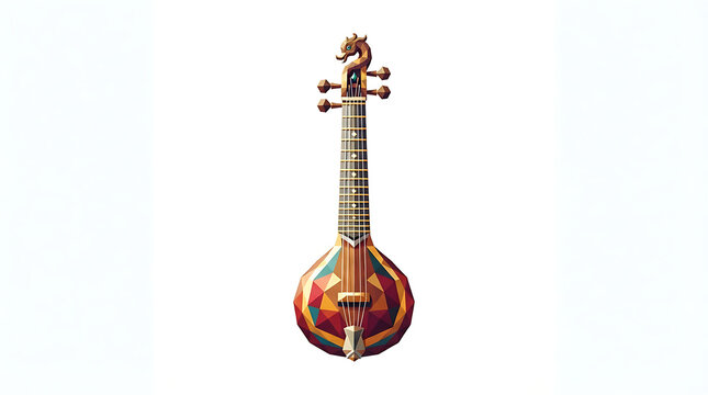 Geometric low poly indian stringed instrument with detailed dragon head motif on white background