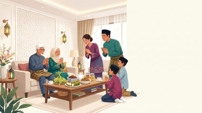 Malaysian Malay Family Celebrating Hari Raya Aidilfitri at Home