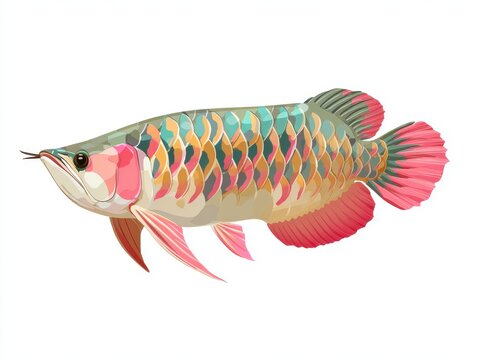 Colorful Arowana Fish With Metallic Scales Swimming Isolated On White Background Digital Illustration