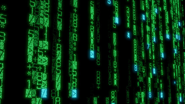 Three-Dimensional Matrix of Illuminated Green and Blue Digital Characters on Black Background, Perfect for AI, Machine Learning, and Data Visualization Applications
