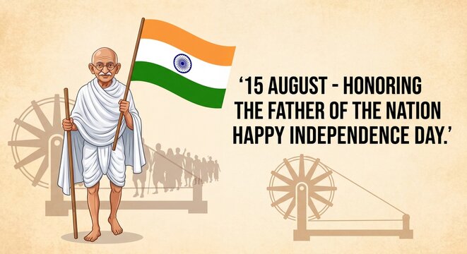 Mahatma gandhi and indian flag honoring father of the nation on independence day