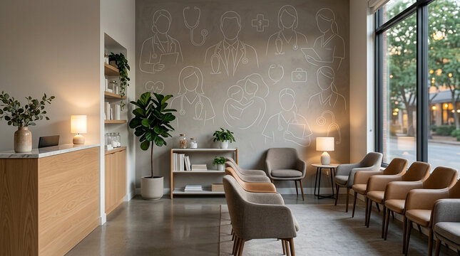 Modern doctor's office waiting room with comfortable chairs and subtle wall art