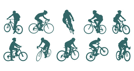 Fototapeta premium Cyclist silhouette vector illustration set with road bike and mountain bike riders