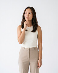 Fototapeta premium Thoughtful Asian Business Woman Thinking with Hand on Chin