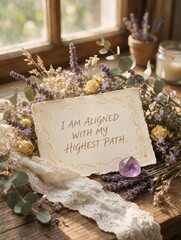 Fototapeta premium Affirmation Card Flower Lace Spiritual Ritual Flat Lay
