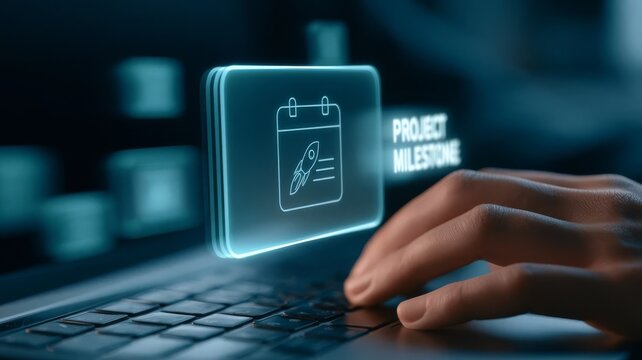 Project milestone digital concept shown via holographic calendar icon and rocket graphic interface for business task management tracking.