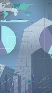 Animation of financial data processing over cityscape