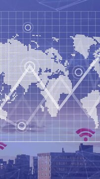 Animation of financial data processing with world map over cityscape