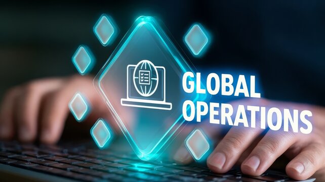 Business professional managing global operations via digital interface technology.